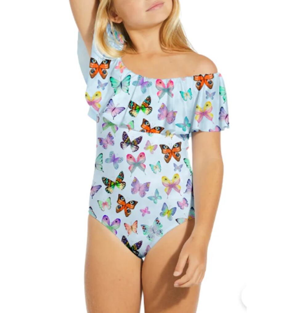Stella Cove Girls Ice Blue Butterflies Print Off Shoulder Swimsuit Size 2 Year